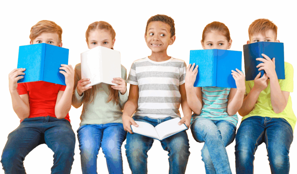 Book Week Costume planning can cause panic! Picture of 5 children reading books. 